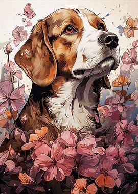Beagle and Flowers