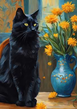 Black Cat and Sunflowers