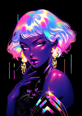 Neon Rainbow Cat Sexy Girl