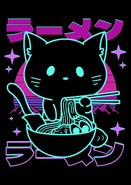 Anime Ramen Cat Retro