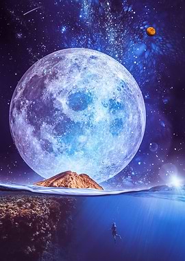 Giant moon over the ocean