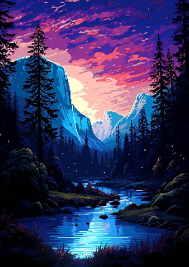 Sunset Yosemite Pixel Art