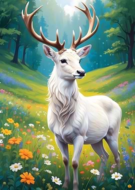 Cute White Stag in Meadow