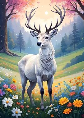 Cute White Stag in Meadow