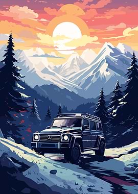 Mercedes in snow mountains