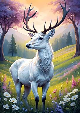 Cute White Stag in Meadow