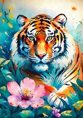 Tiger and pink flower