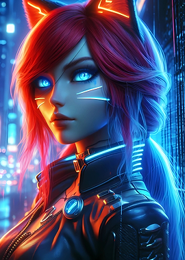 Fox Girl Blue Neon Anime