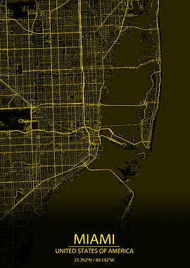 Miami USA Black Yellow Map