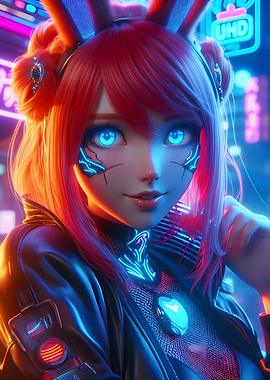 Rabbi Girl Blue Neon Anime