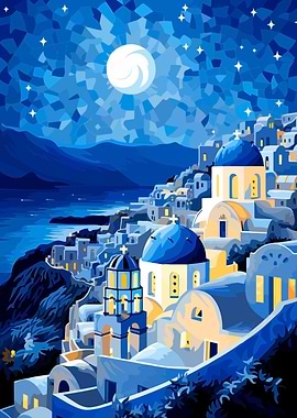 Blue Greece Night Art