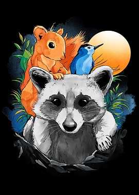 Raccoon Squirrel and Bird