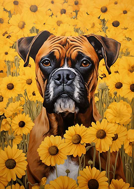 Boxer dog in sunflowers