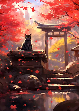 Cat cherry blossom scenery