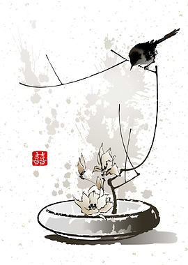 Vase Bird Magnolia Flowers