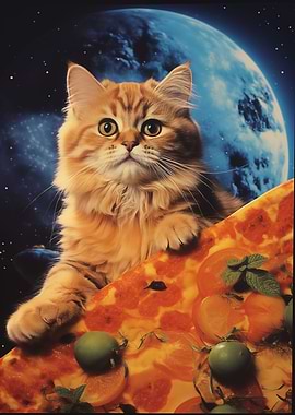 Cat eating pizza space