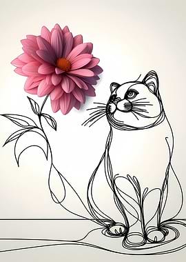 One line cat and flower