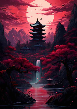 Red Japanese landscape