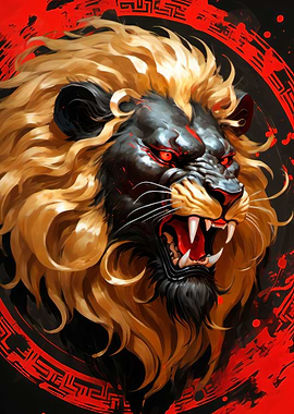 japanese lion art poster