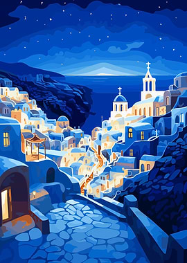 Cool Blue Greece Night Art