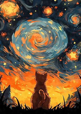 Orange Cat Starry Night