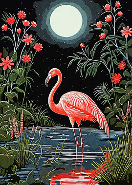 Flamingo In The Moonlit