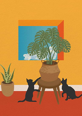 silhouette cat and plant