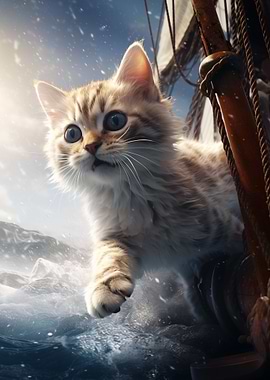 Cute Kitten Boat Trip Sea