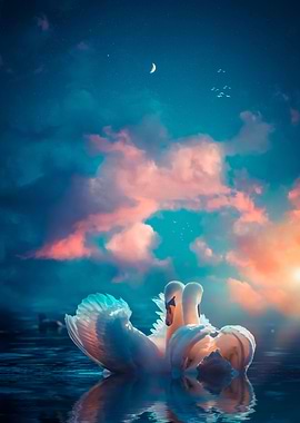 White swans couple in love