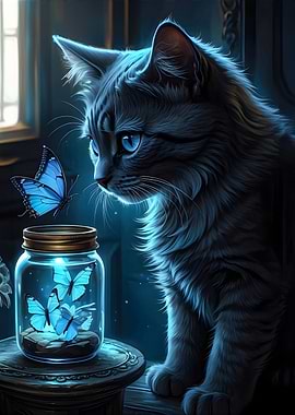 Cat Butterflies And Jar
