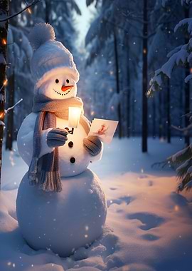 A snowman reads a postcard