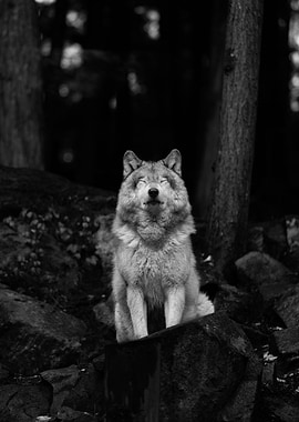 a wolf with closed eyes