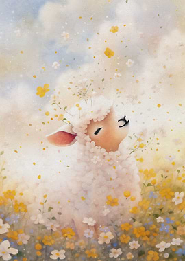 Cute lamb in flower field