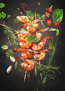 Flying prawn skewers