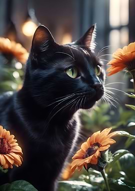 black cat in flower field