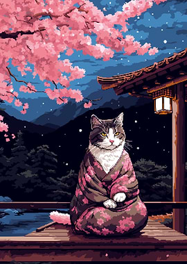 Zen Kimono Cat Pixel Art