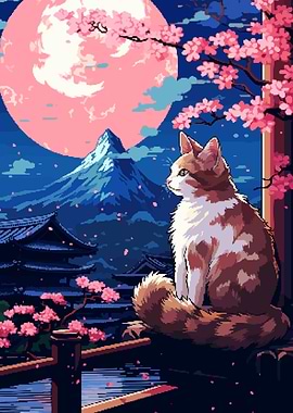 Japan Cat Sakura Pixel Art
