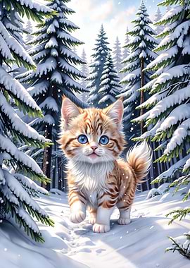 Cute Kitten in snow forest
