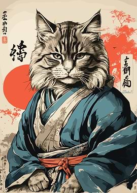 Vintage Japanese Cat' Poster, picture, metal print, paint by