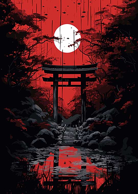 Japan Landscape Red Black