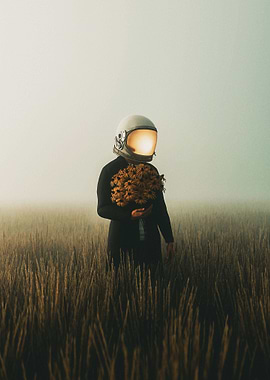 astronaut holding flowers