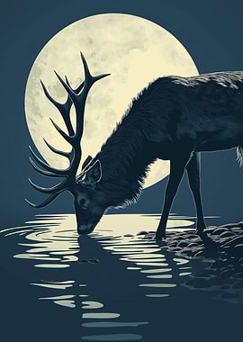 Deer Drink Water Moonlight
