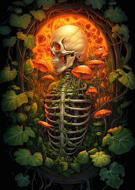 Skeleton and mushrooms