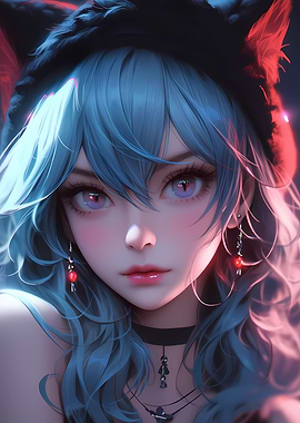 Cat Girl Blue Neon Anime