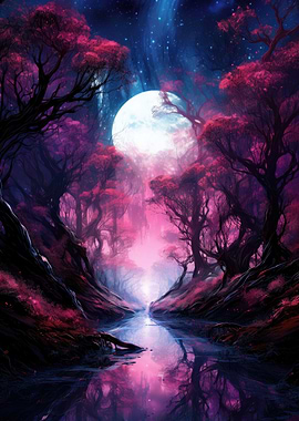 Colorful Trees River Moon