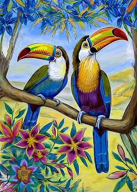 Toucans on a floral tree