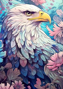 bald eagle among flowers