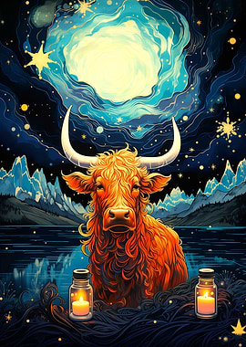 Starry Night Highland Cow