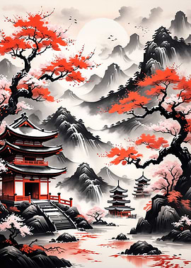 Japanese Temple Ink Wash