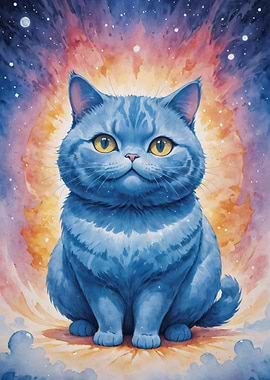 Cosmic Blue Watercolor Cat